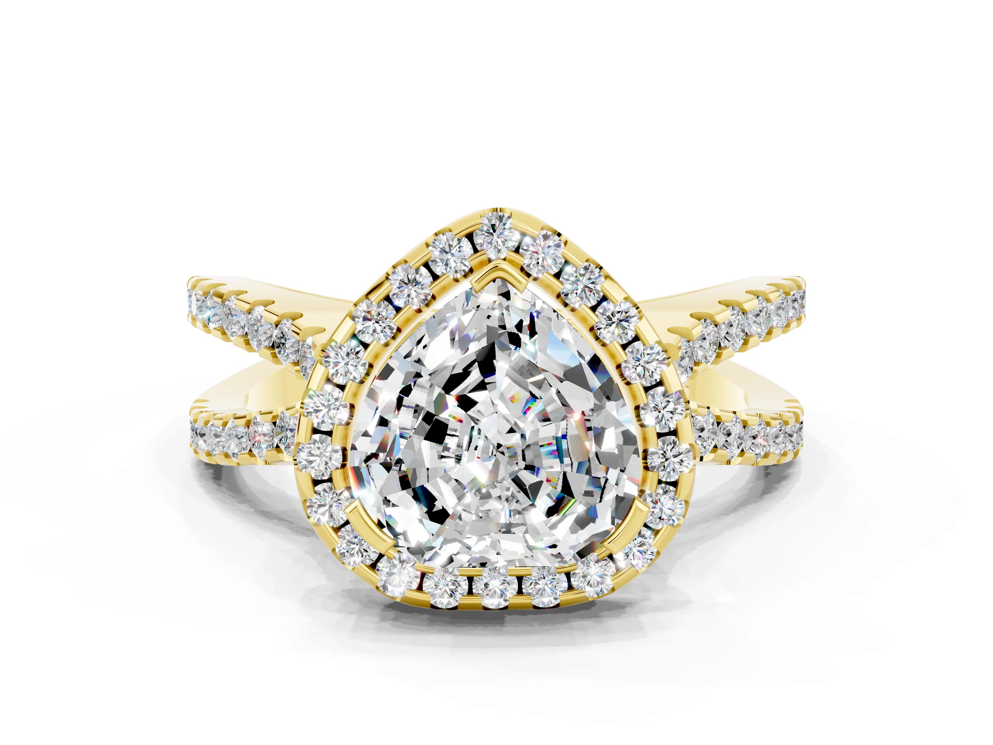 Yellow gold Heart Cut Moissanite Halo Ring with Split Shank Pavé Band and Prong Setting