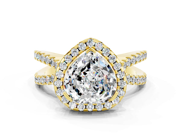 Yellow gold Heart Cut Moissanite Halo Ring with Split Shank Pavé Band and Prong Setting