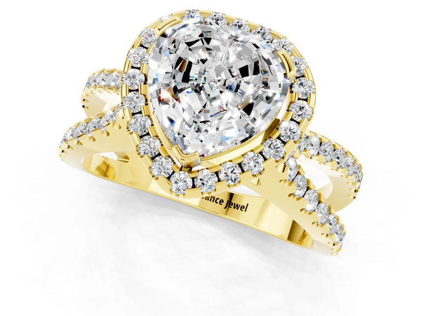Yellow gold Heart Cut Moissanite Halo Ring with Split Shank Pavé Band and Prong Setting
