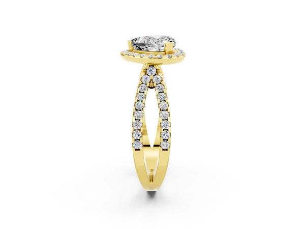 Yellow gold Heart Cut Moissanite Halo Ring with Split Shank Pavé Band and Prong Setting
