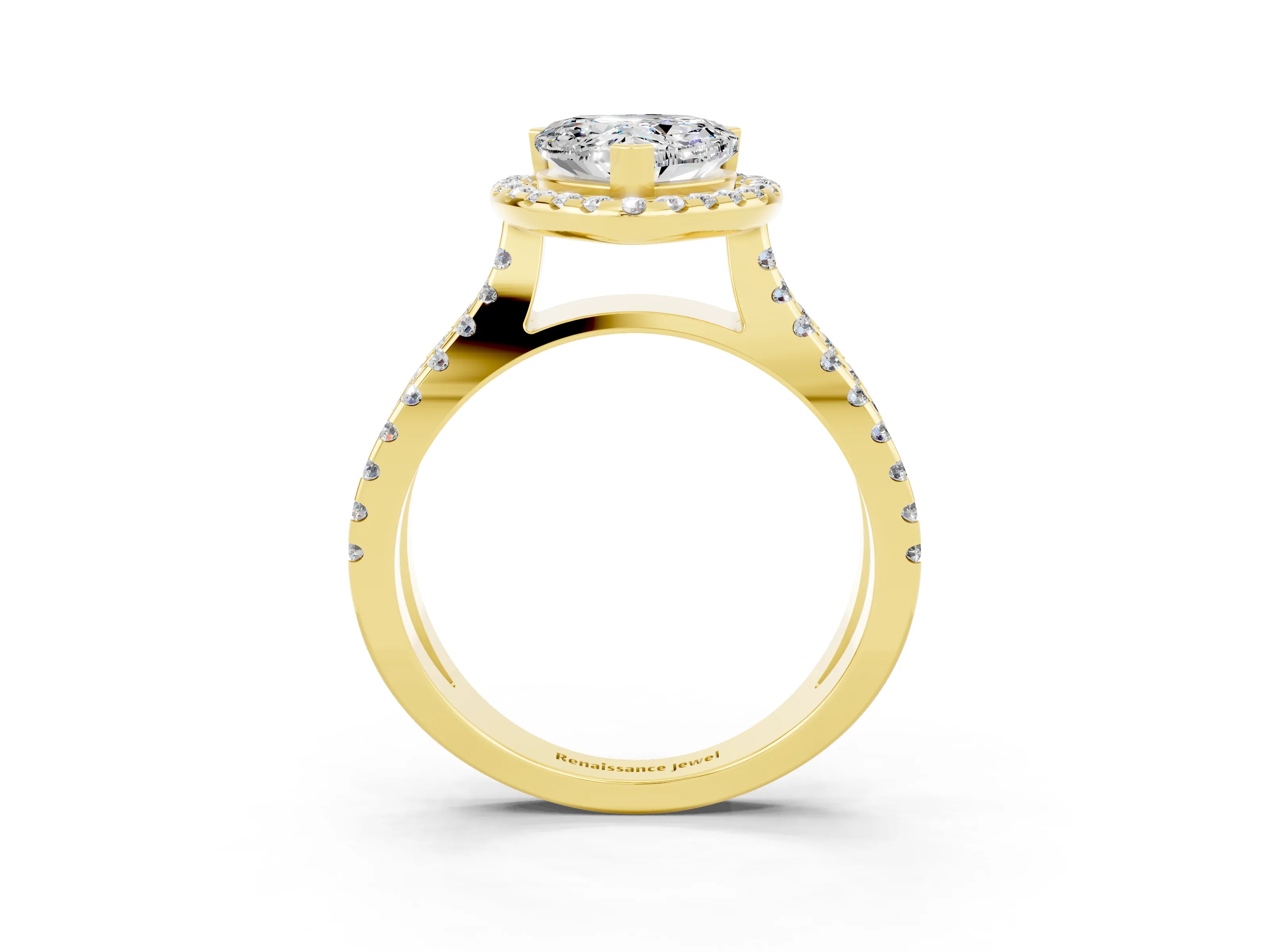 Yellow gold Heart Cut Moissanite Halo Ring with Split Shank Pavé Band and Prong Setting_3