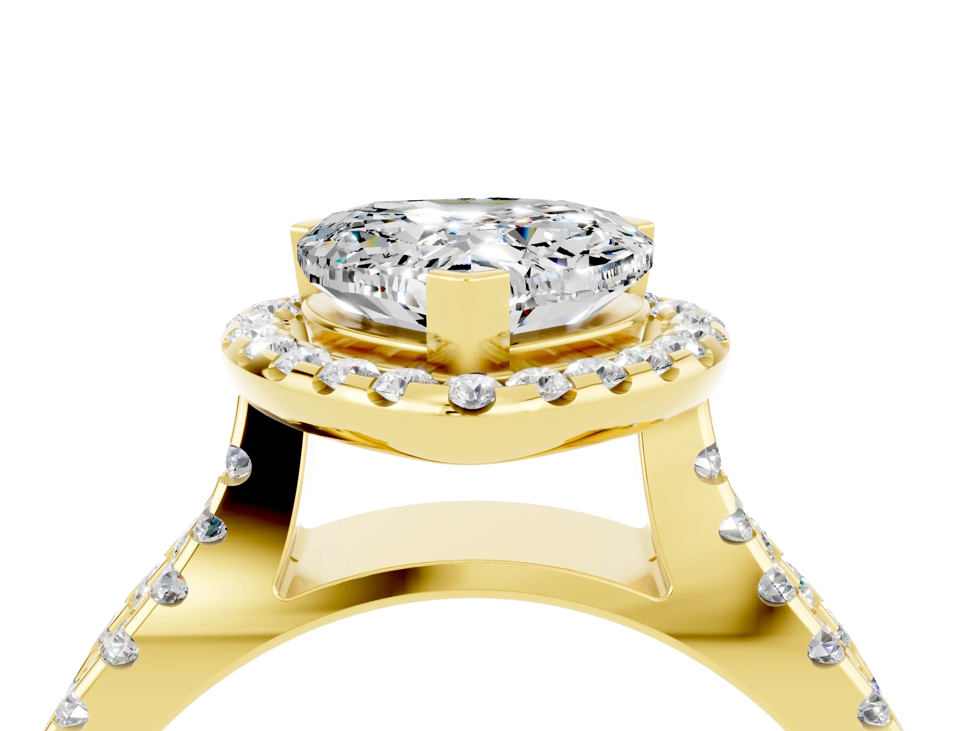 Yellow gold Heart Cut Moissanite Halo Ring with Split Shank Pavé Band and Prong Setting_4