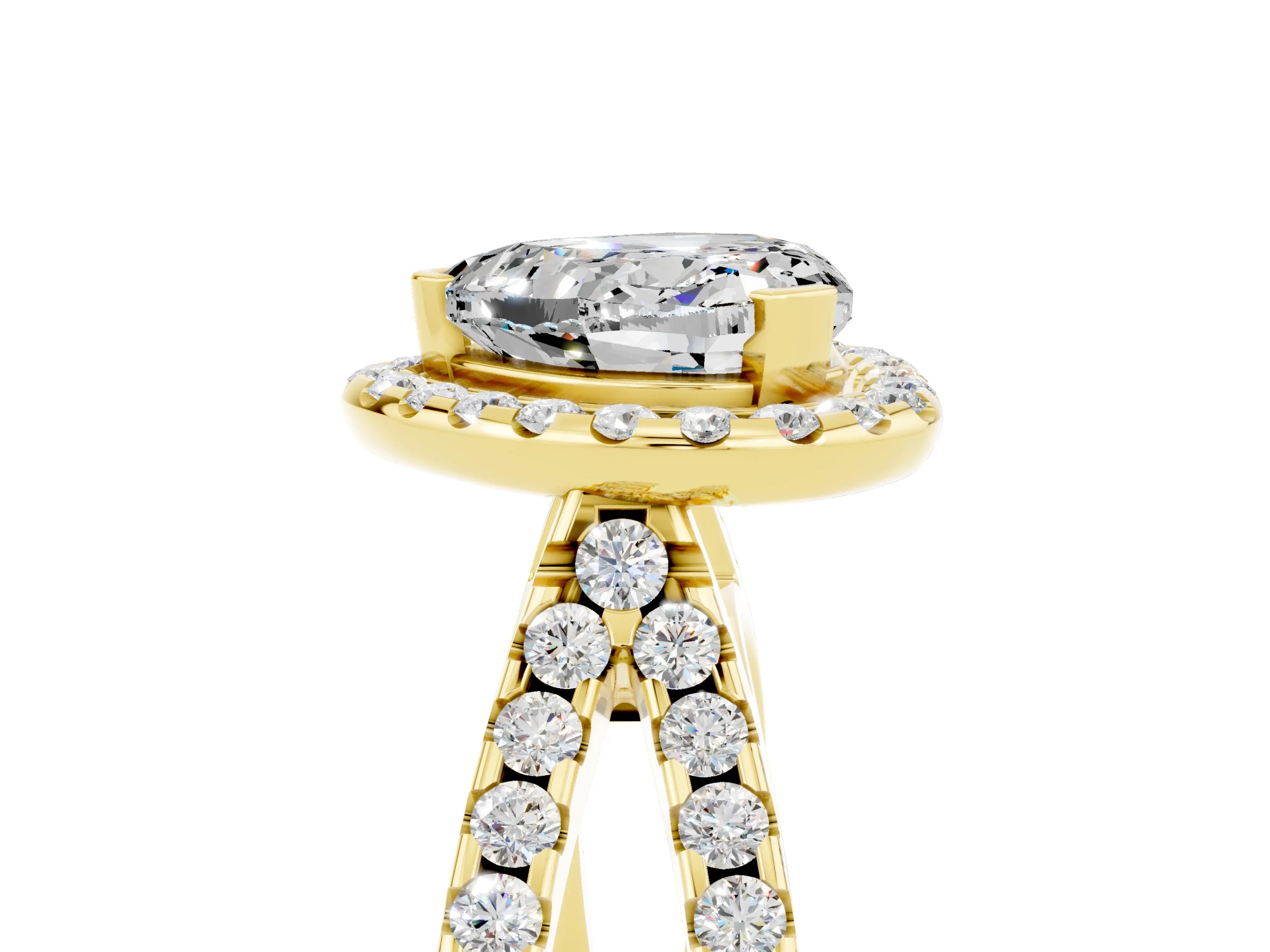 Yellow gold Heart Cut Moissanite Halo Ring with Split Shank Pavé Band and Prong Setting_5