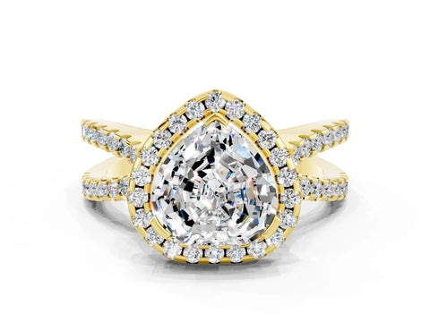 Yellow gold Heart Cut Moissanite Halo Ring with Split Shank Pavé Band and Prong Setting