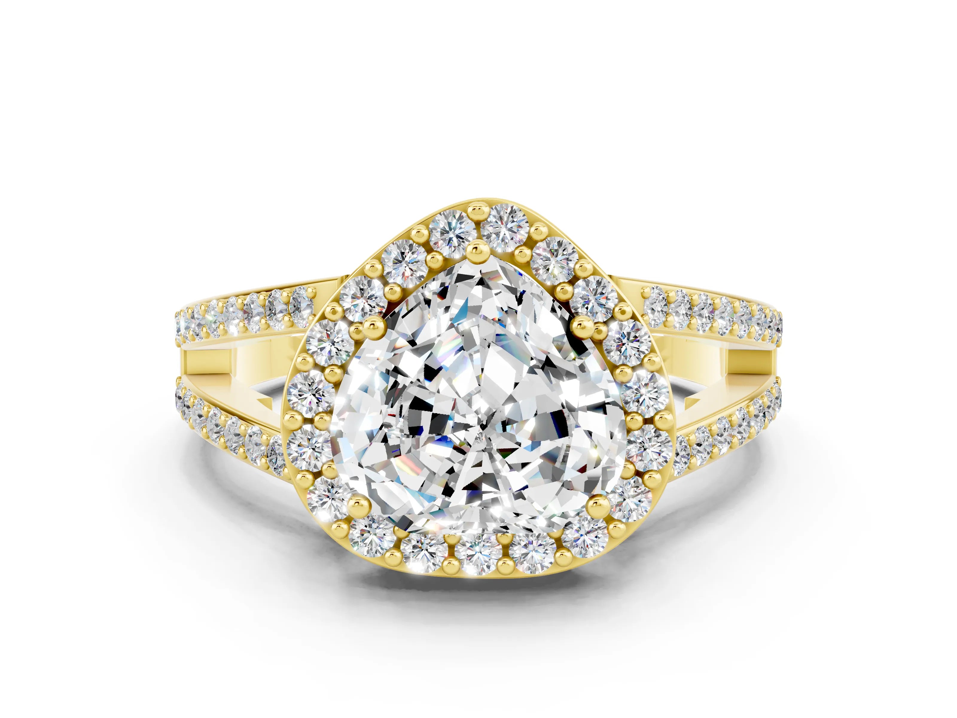 Yellow gold Heart Cut Moissanite Halo Ring with Split Shank U-Prong Band and Four-Prong Setting