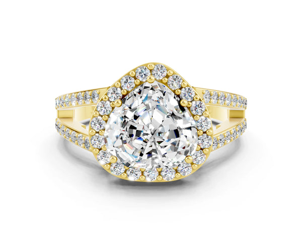Yellow gold Heart Cut Moissanite Halo Ring with Split Shank U-Prong Band and Four-Prong Setting
