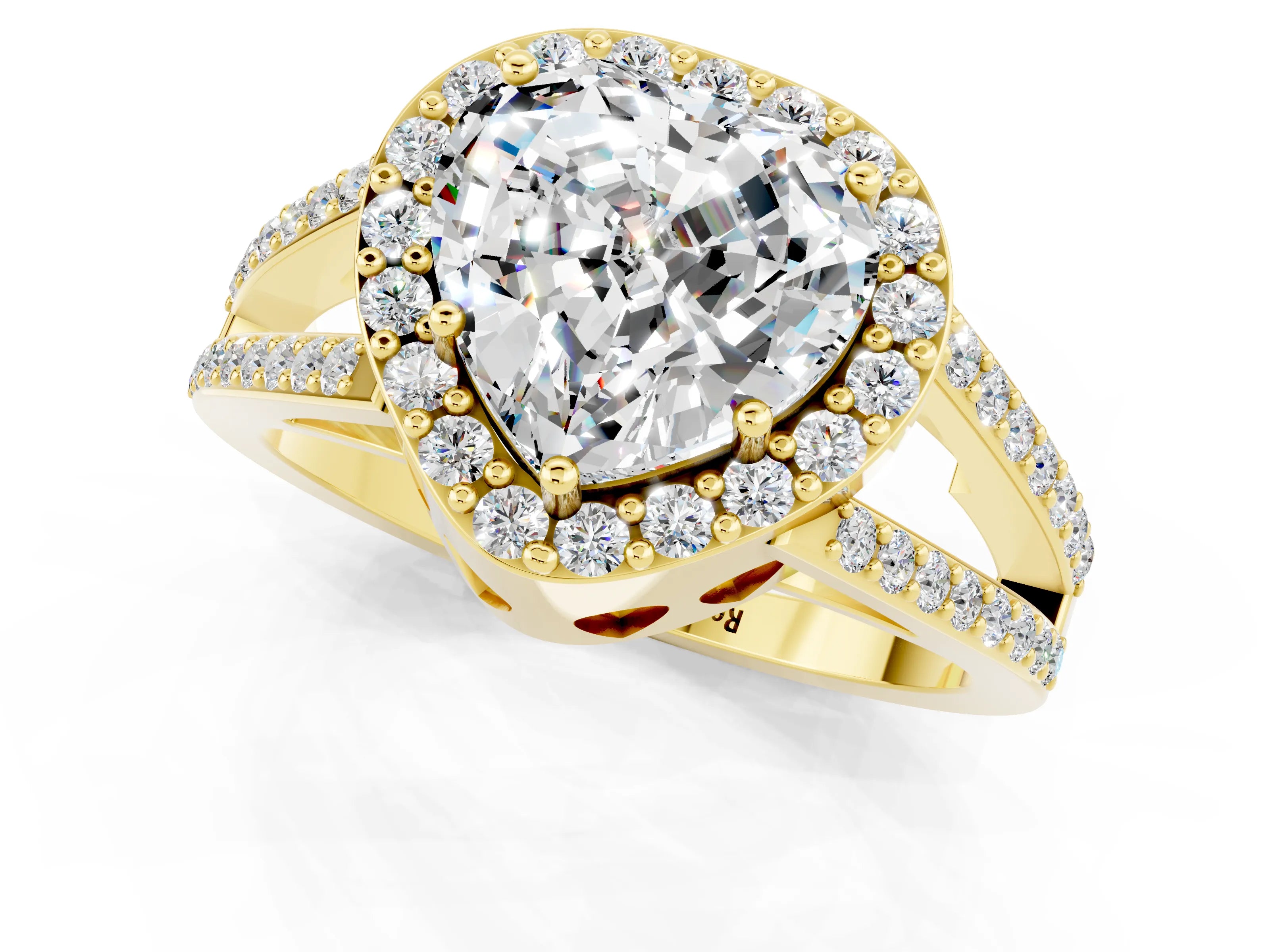 Yellow gold Heart Cut Moissanite Halo Ring with Split Shank U-Prong Band and Four-Prong Setting_1