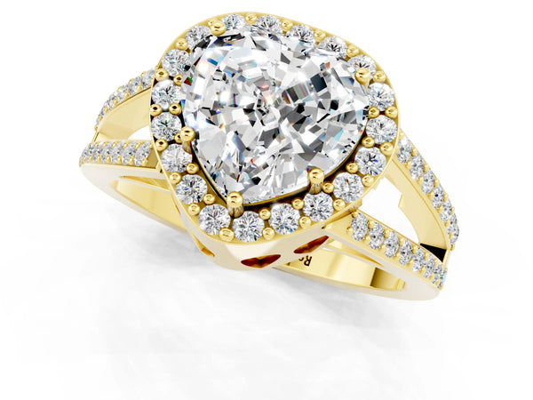 Yellow gold Heart Cut Moissanite Halo Ring with Split Shank U-Prong Band and Four-Prong Setting