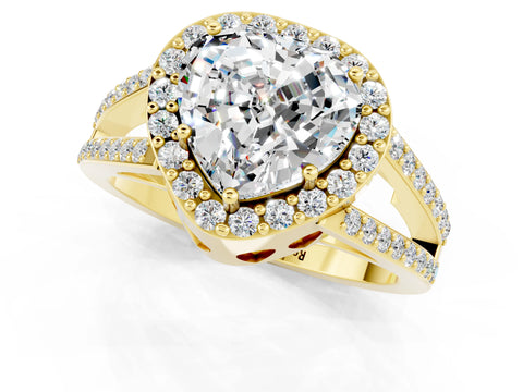 Yellow gold Heart Cut Moissanite Halo Ring with Split Shank U-Prong Band and Four-Prong Setting_1