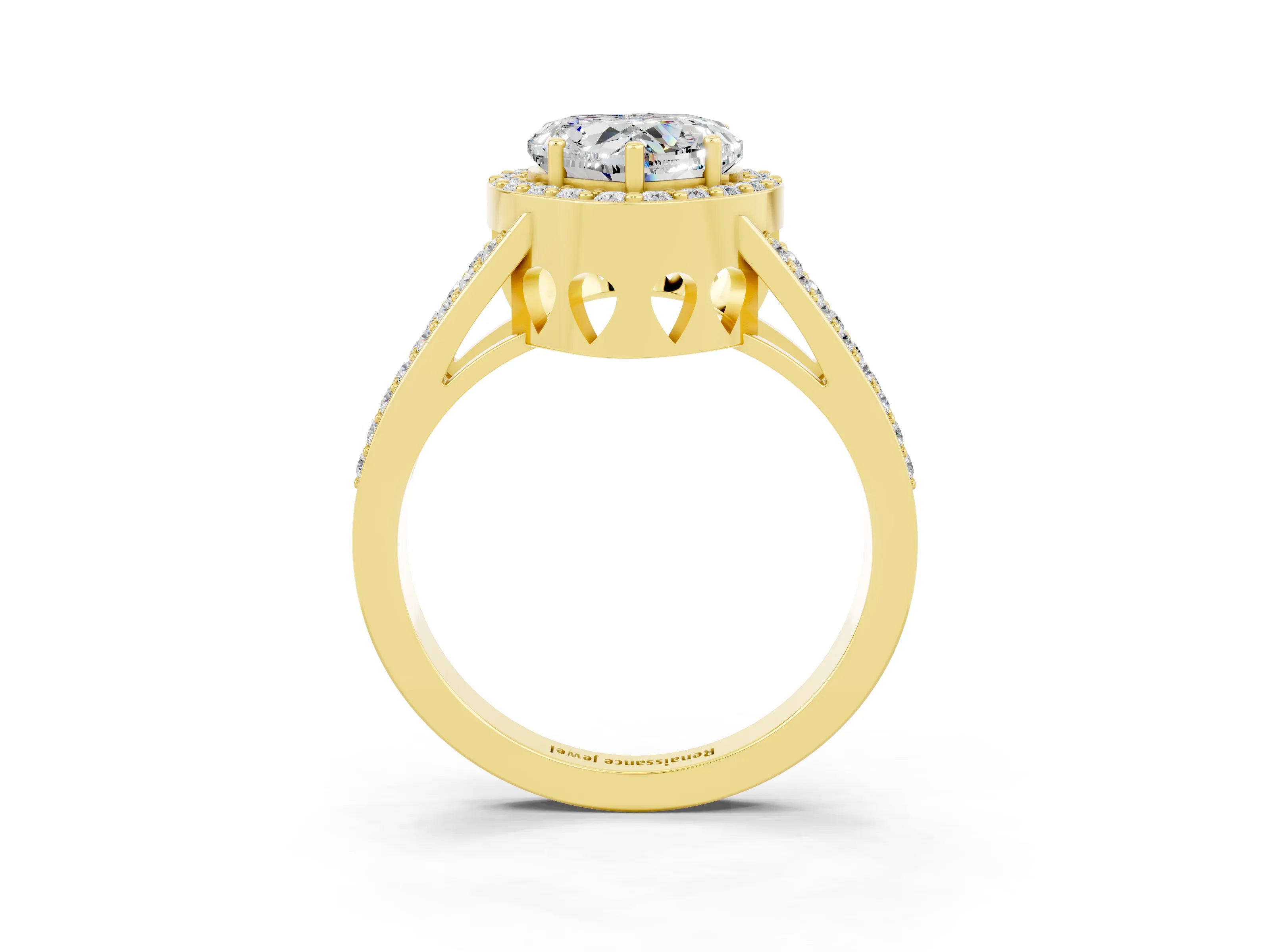 Yellow gold Heart Cut Moissanite Halo Ring with Split Shank U-Prong Band and Four-Prong Setting_3