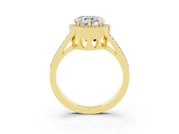 Yellow gold Heart Cut Moissanite Halo Ring with Split Shank U-Prong Band and Four-Prong Setting