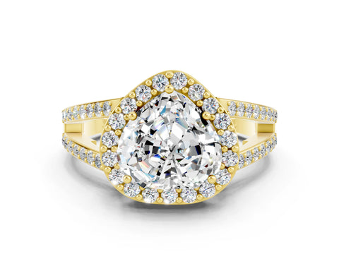 Yellow gold Heart Cut Moissanite Halo Ring with Split Shank U-Prong Band and Four-Prong Setting