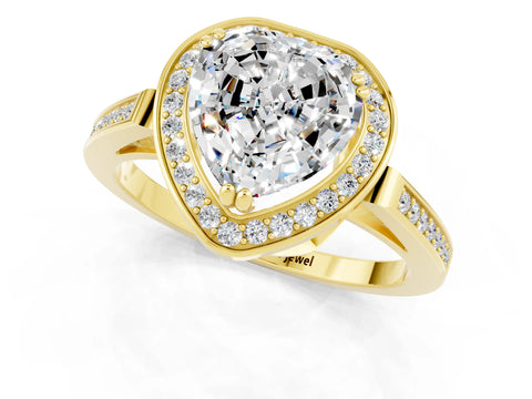 Yellow gold Heart Cut Moissanite Halo Ring with Split Shank and Four-Prong Setting_1