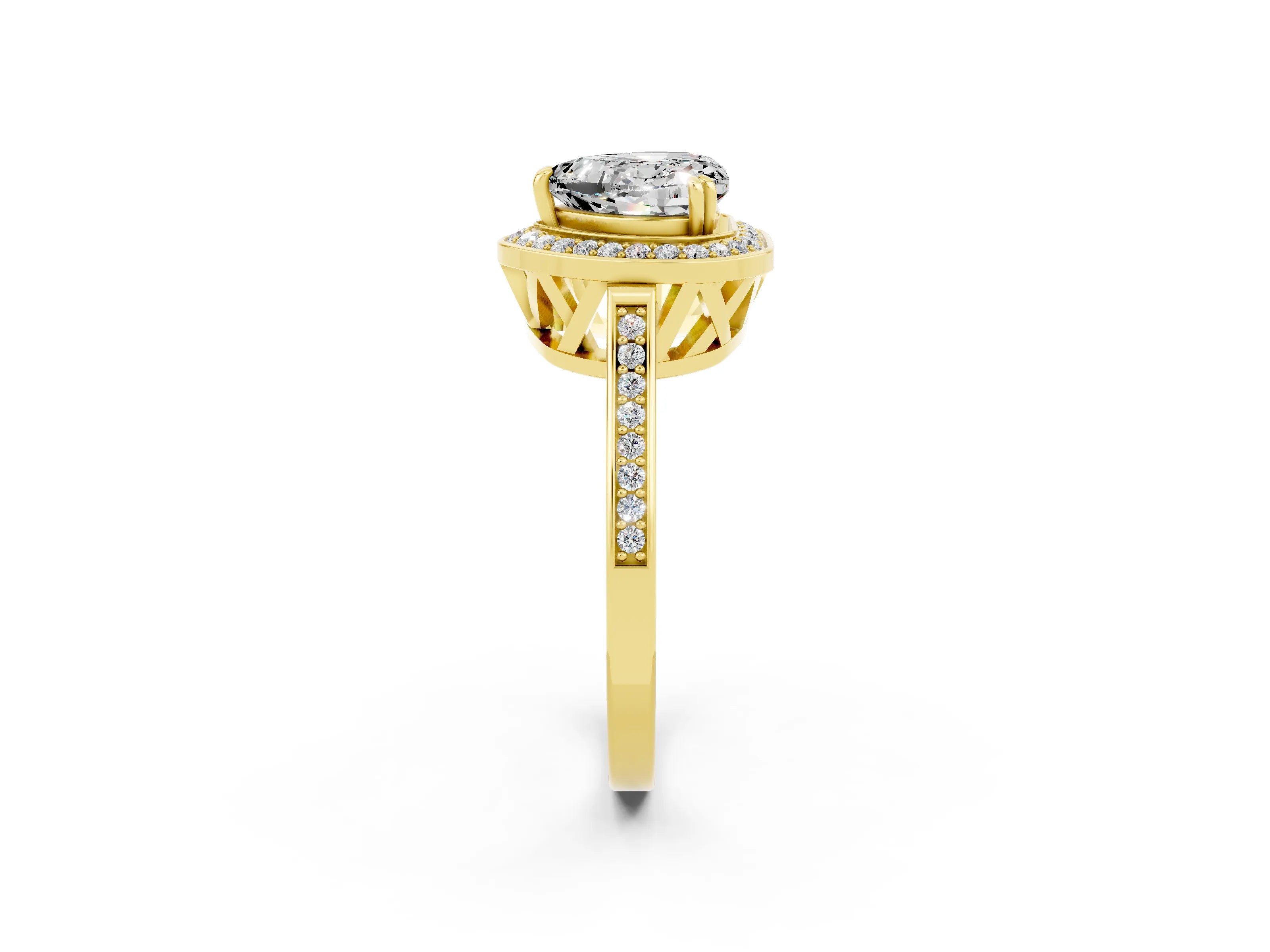 Yellow gold Heart Cut Moissanite Halo Ring with Split Shank and Four-Prong Setting_2