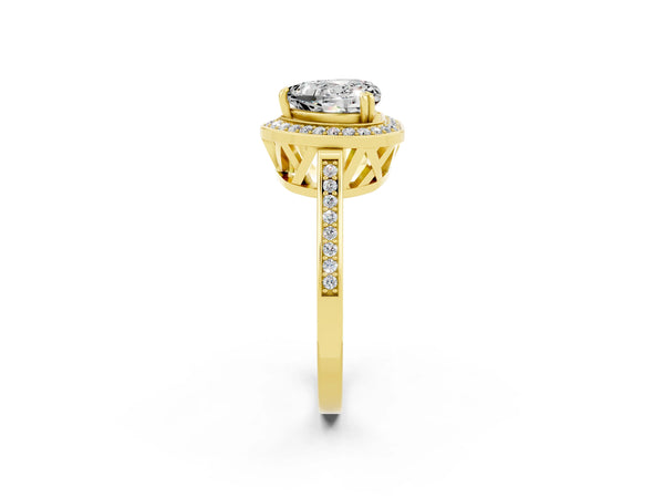 Yellow gold Heart Cut Moissanite Halo Ring with Split Shank and Four-Prong Setting