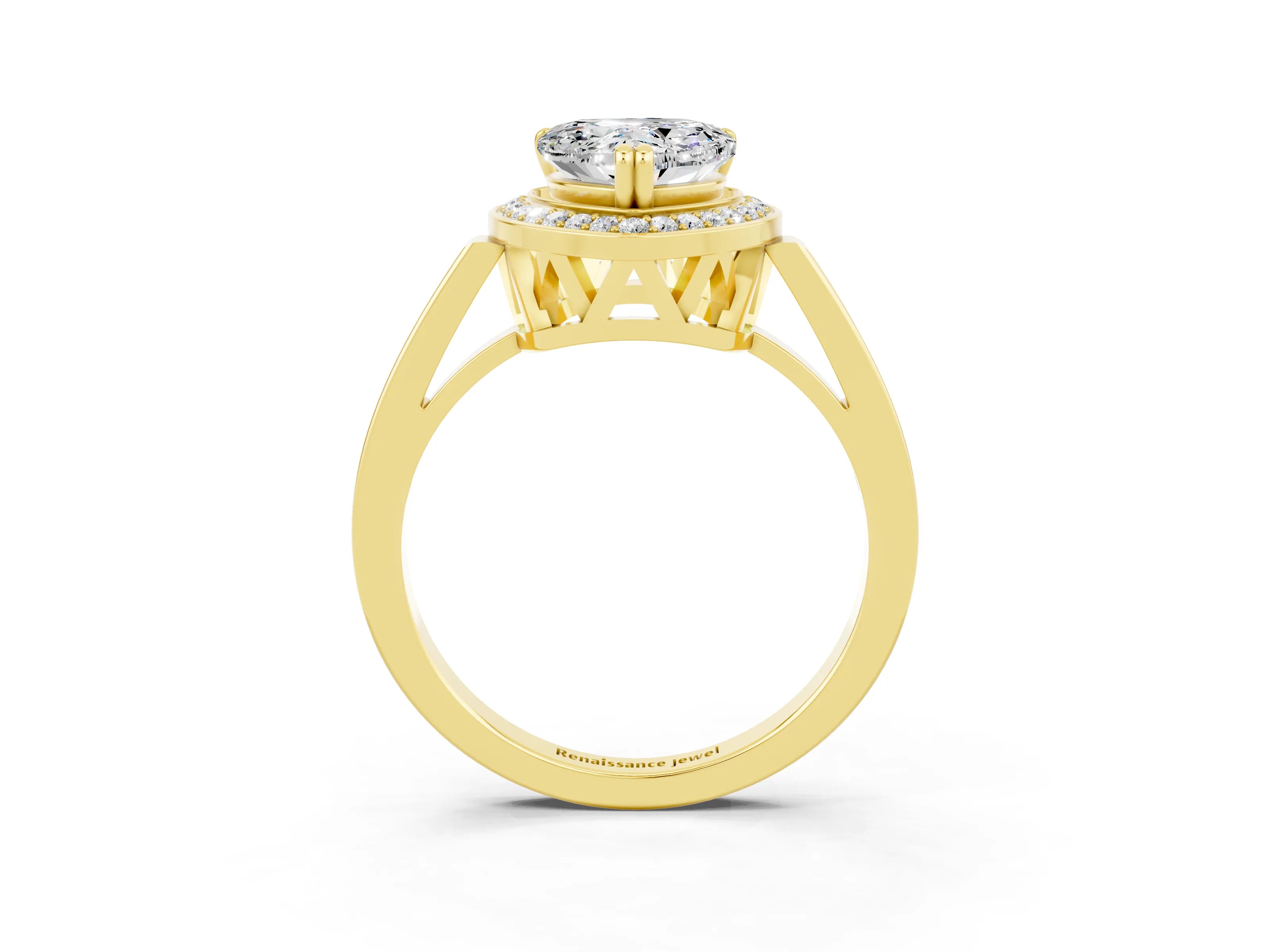 Yellow gold Heart Cut Moissanite Halo Ring with Split Shank and Four-Prong Setting_3