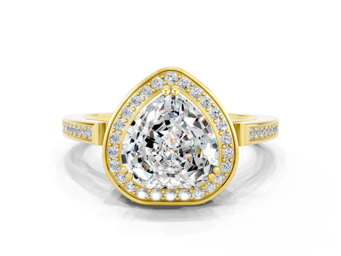 Yellow gold Heart Cut Moissanite Halo Ring with Split Shank and Four-Prong Setting