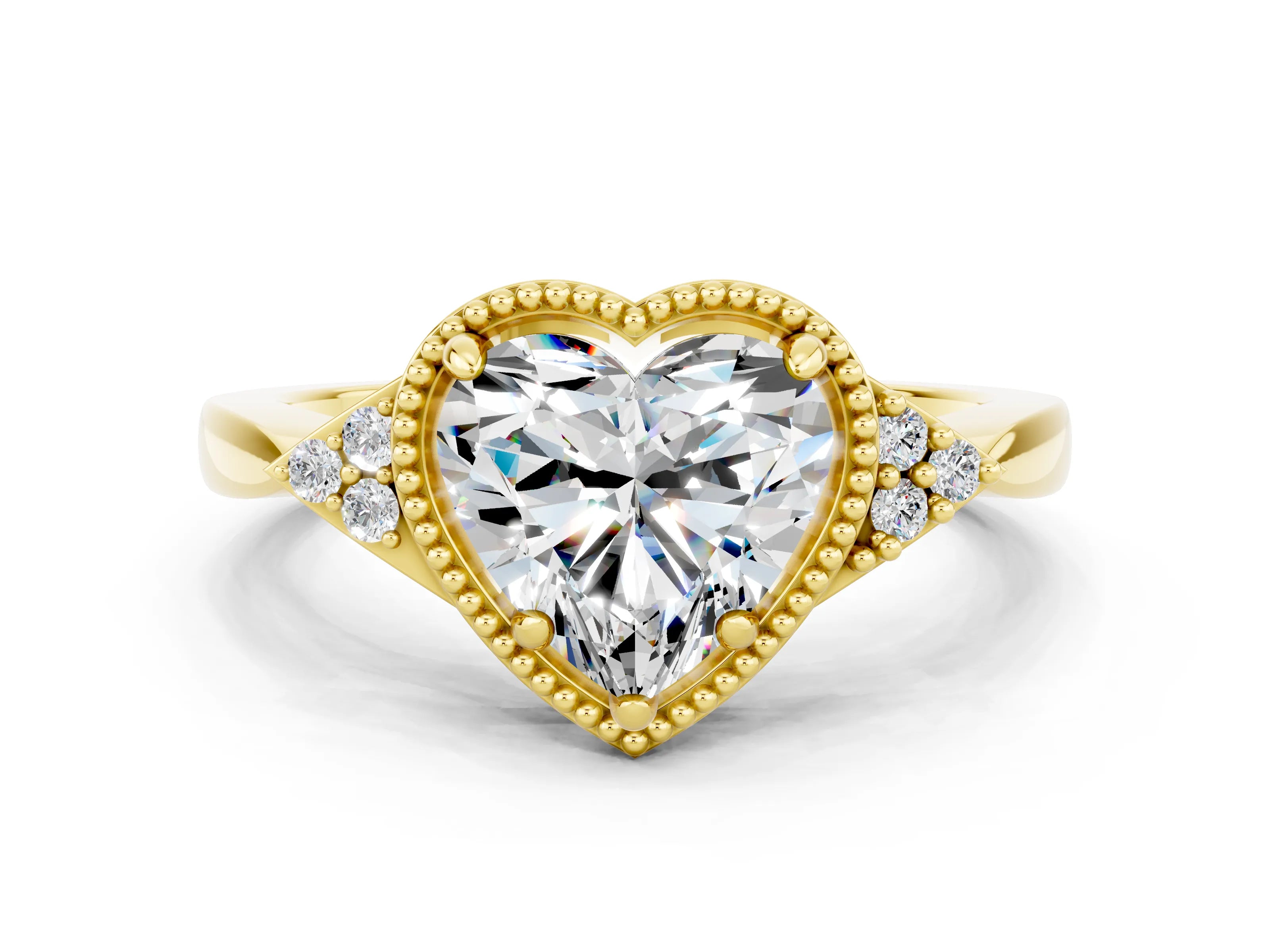 Yellow gold Heart Cut Moissanite Halo Ring with Tapered Band and Four-Prong Setting