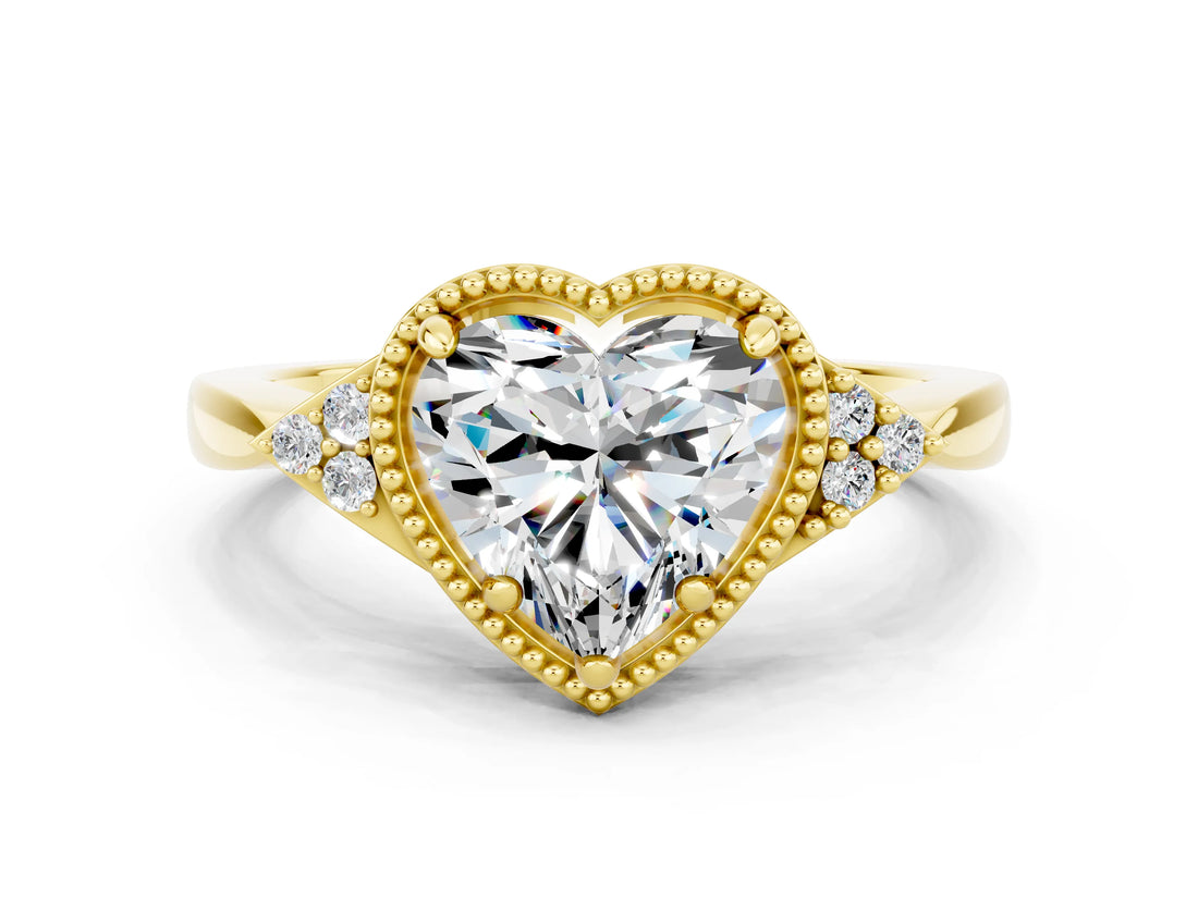 Yellow gold Heart Cut Moissanite Halo Ring with Tapered Band and Four-Prong Setting