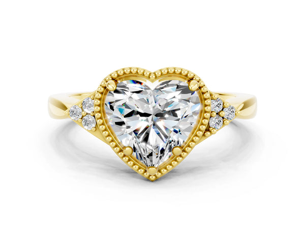 Yellow gold Heart Cut Moissanite Halo Ring with Tapered Band and Four-Prong Setting