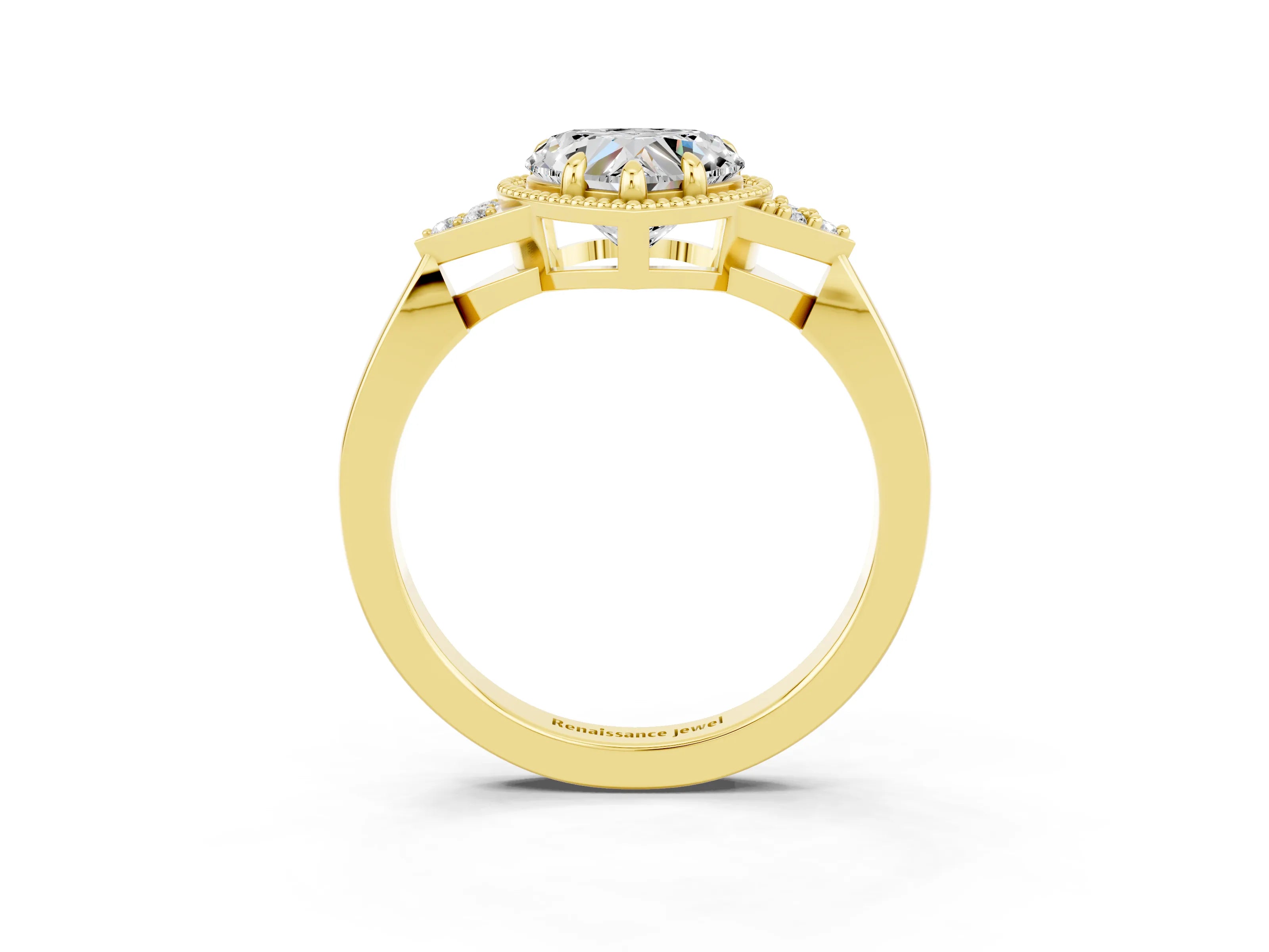 Yellow gold Heart Cut Moissanite Halo Ring with Tapered Band and Four-Prong Setting_3