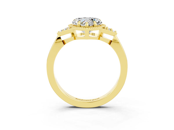 Yellow gold Heart Cut Moissanite Halo Ring with Tapered Band and Four-Prong Setting