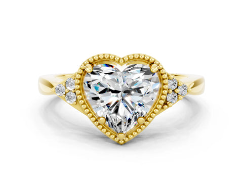 Yellow gold Heart Cut Moissanite Halo Ring with Tapered Band and Four-Prong Setting