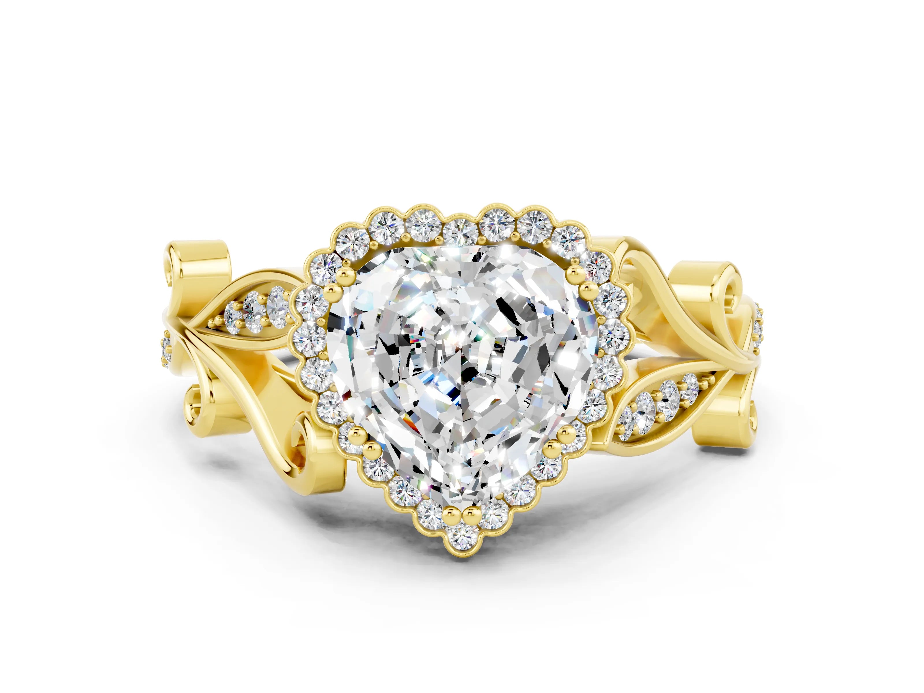 Yellow gold Heart Cut Moissanite Halo Ring with Vintage Split Shank and Four-Prong Setting
