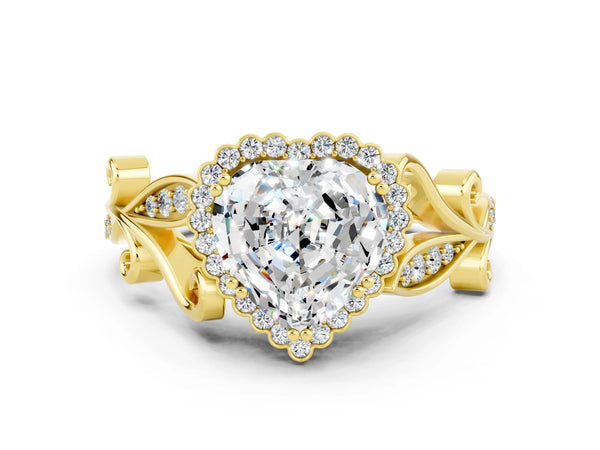 Yellow gold Heart Cut Moissanite Halo Ring with Vintage Split Shank and Four-Prong Setting
