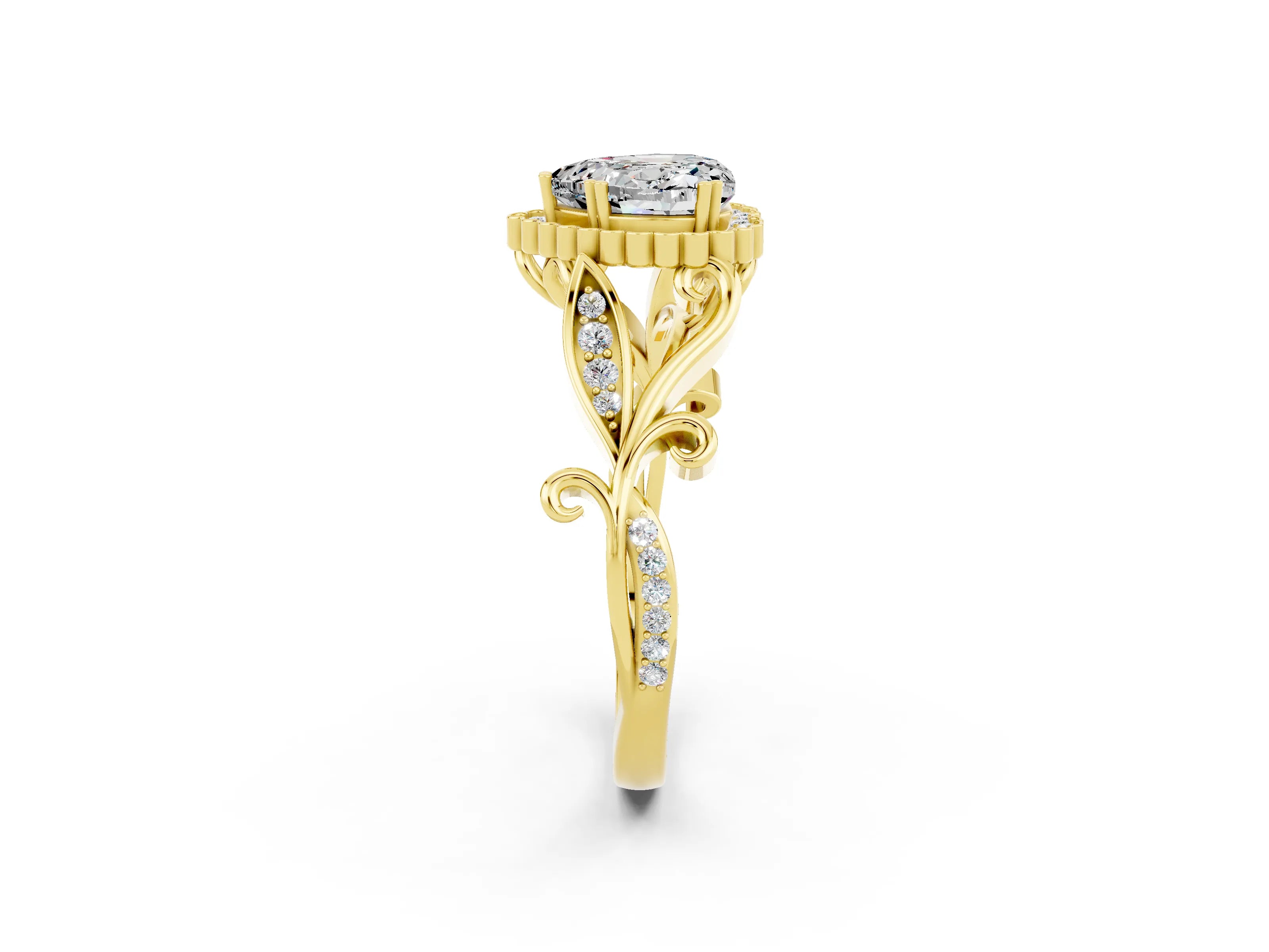 Yellow gold Heart Cut Moissanite Halo Ring with Vintage Split Shank and Four-Prong Setting_2