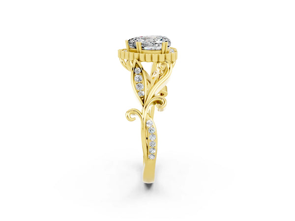 Yellow gold Heart Cut Moissanite Halo Ring with Vintage Split Shank and Four-Prong Setting