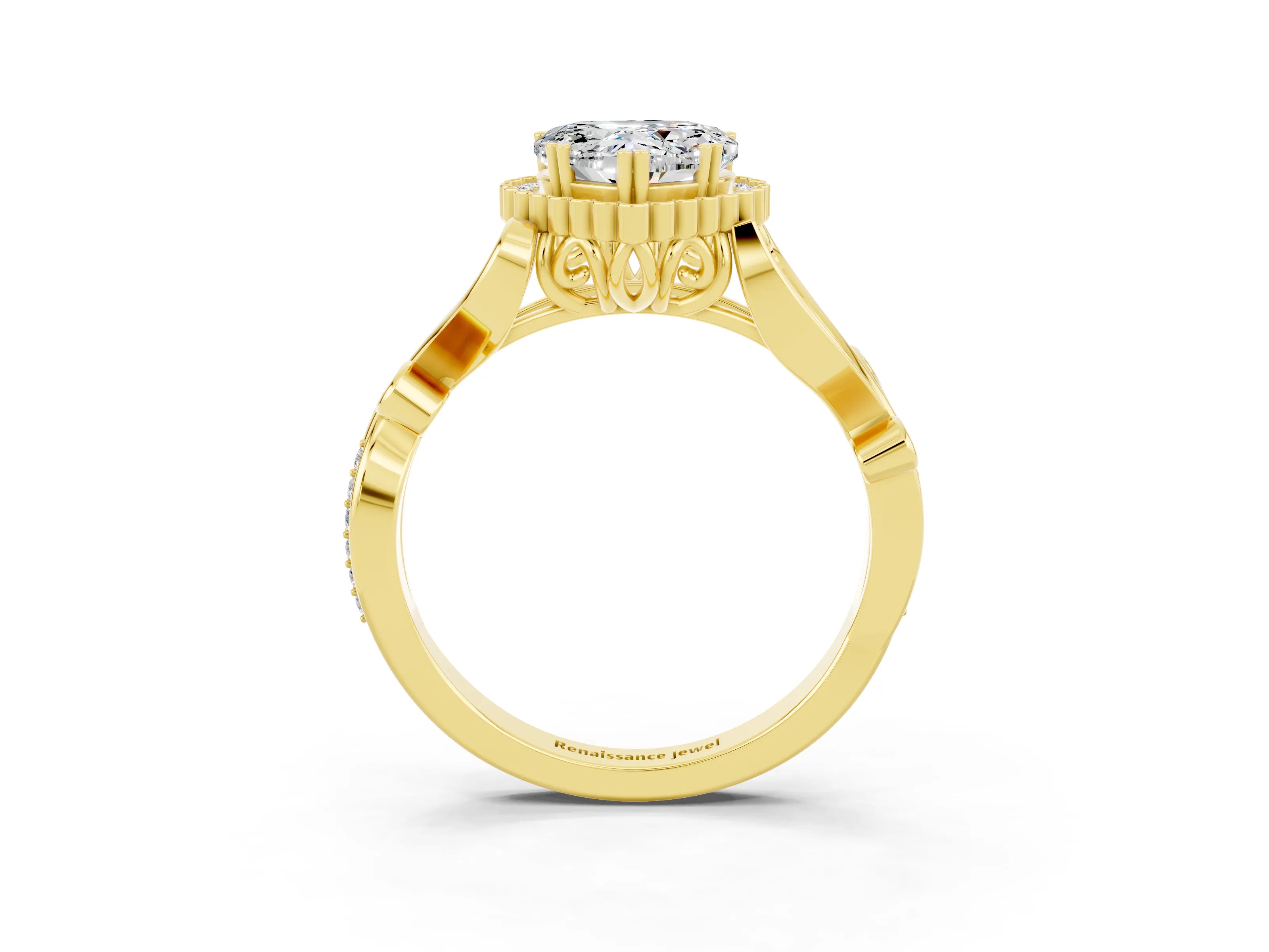 Yellow gold Heart Cut Moissanite Halo Ring with Vintage Split Shank and Four-Prong Setting_3