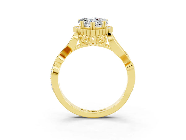 Yellow gold Heart Cut Moissanite Halo Ring with Vintage Split Shank and Four-Prong Setting