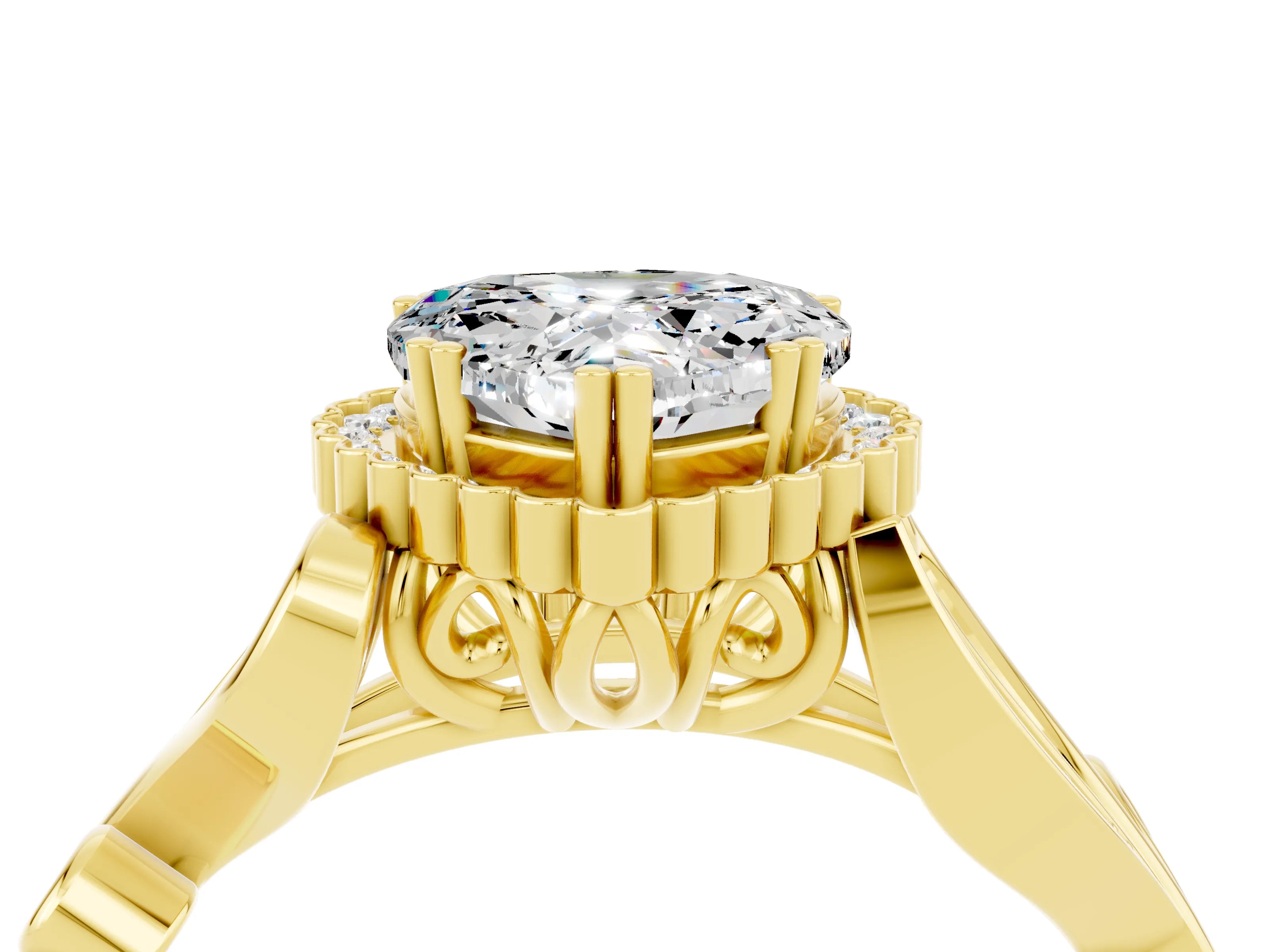 Yellow gold Heart Cut Moissanite Halo Ring with Vintage Split Shank and Four-Prong Setting_4