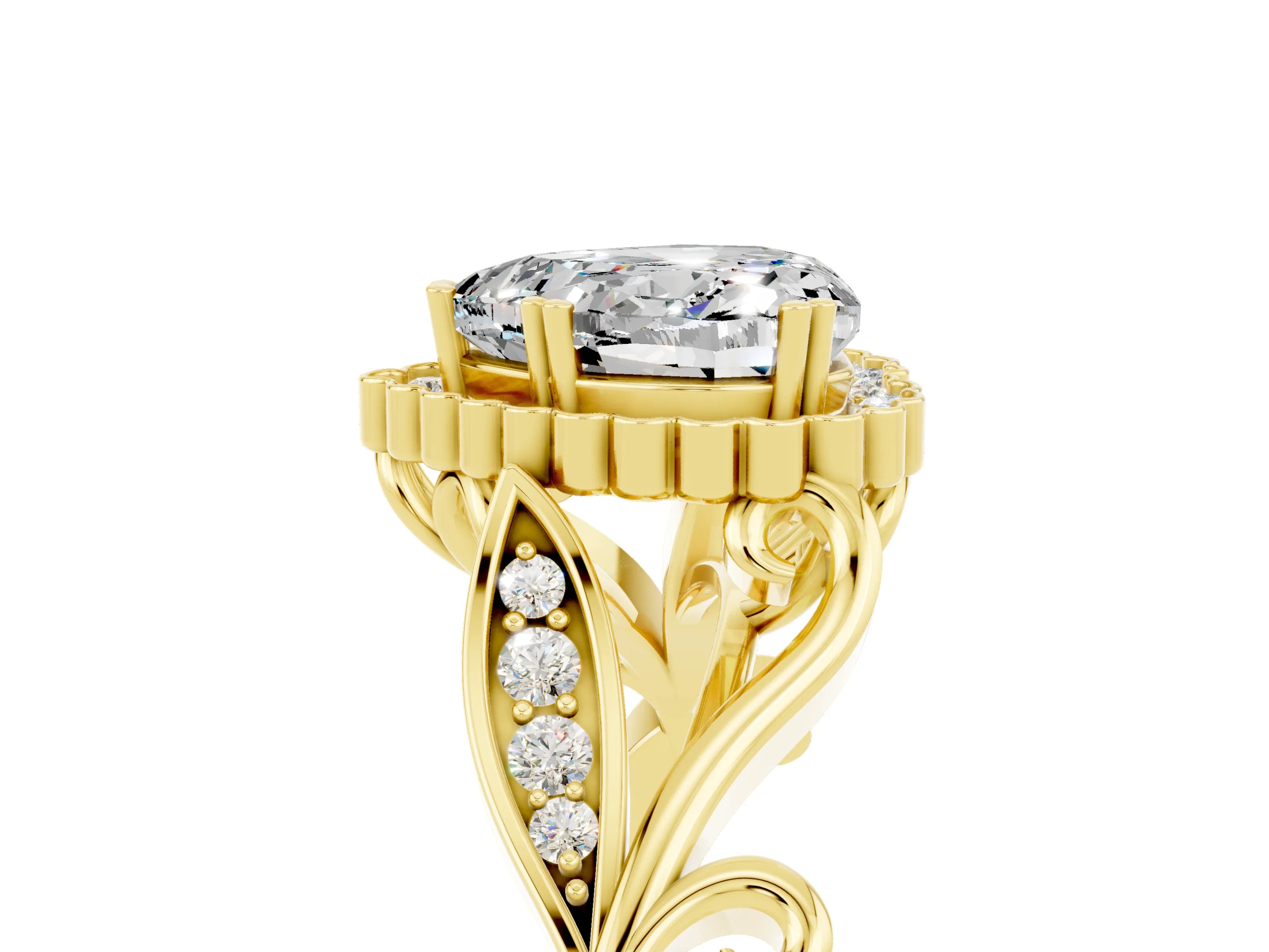 Yellow gold Heart Cut Moissanite Halo Ring with Vintage Split Shank and Four-Prong Setting_5