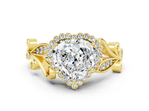 Yellow gold Heart Cut Moissanite Halo Ring with Vintage Split Shank and Four-Prong Setting