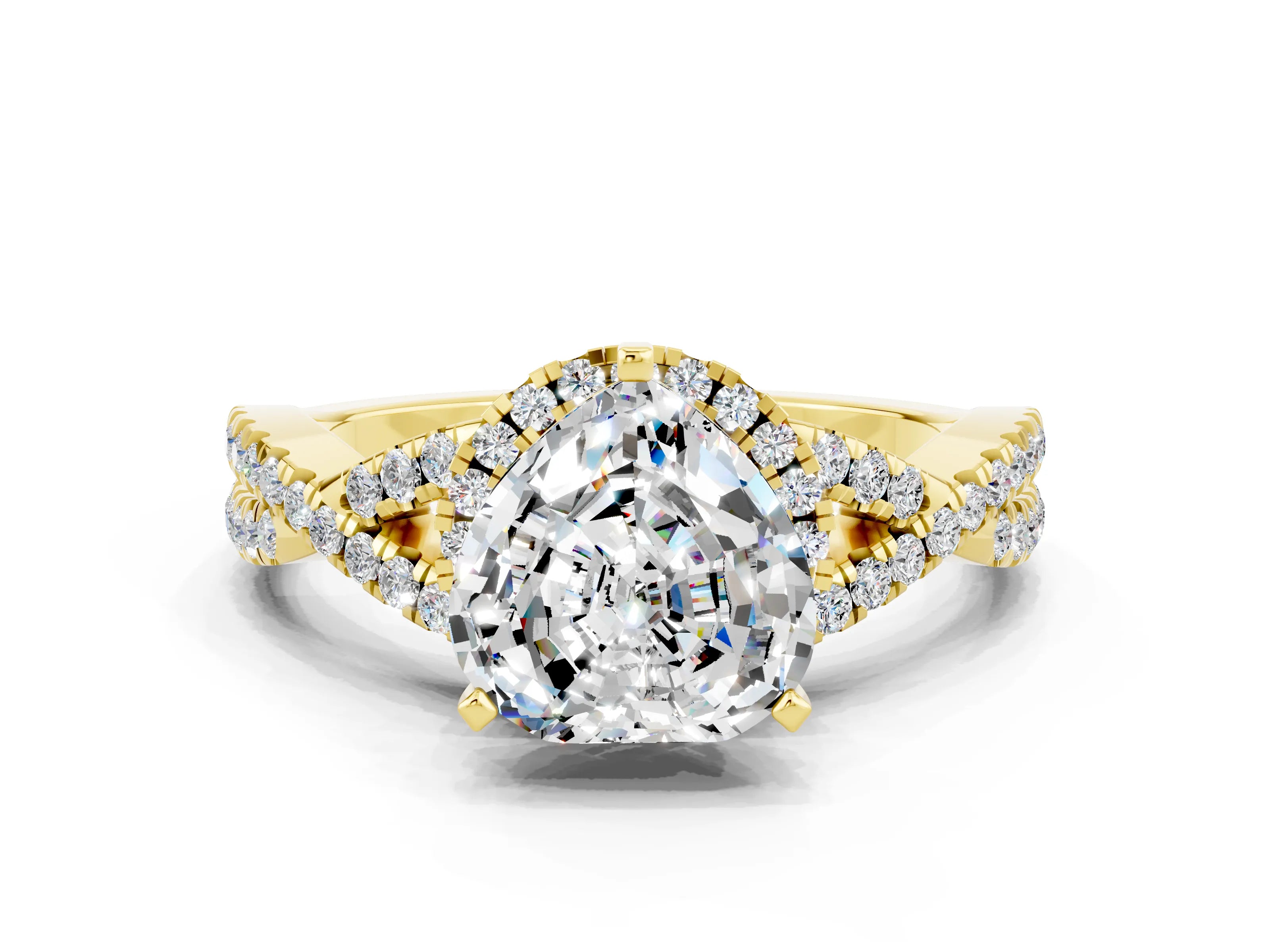Yellow gold Heart Cut Moissanite Halo Twist Band Solitaire Prong Setting Ring