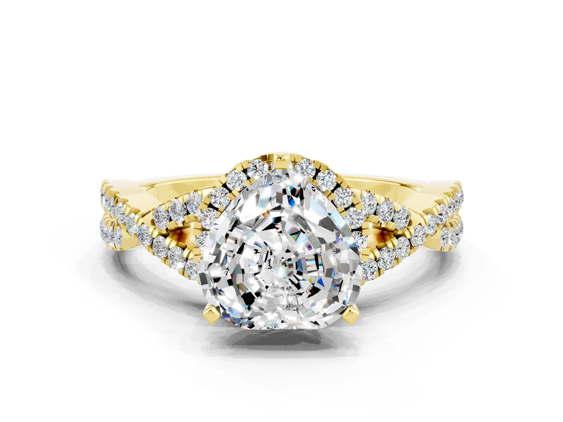 Yellow gold Heart Cut Moissanite Halo Twist Band Solitaire Prong Setting Ring