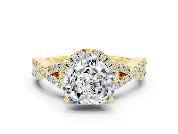 Yellow gold Heart Cut Moissanite  Halo Twist Band Solitaire Prong Setting Ring