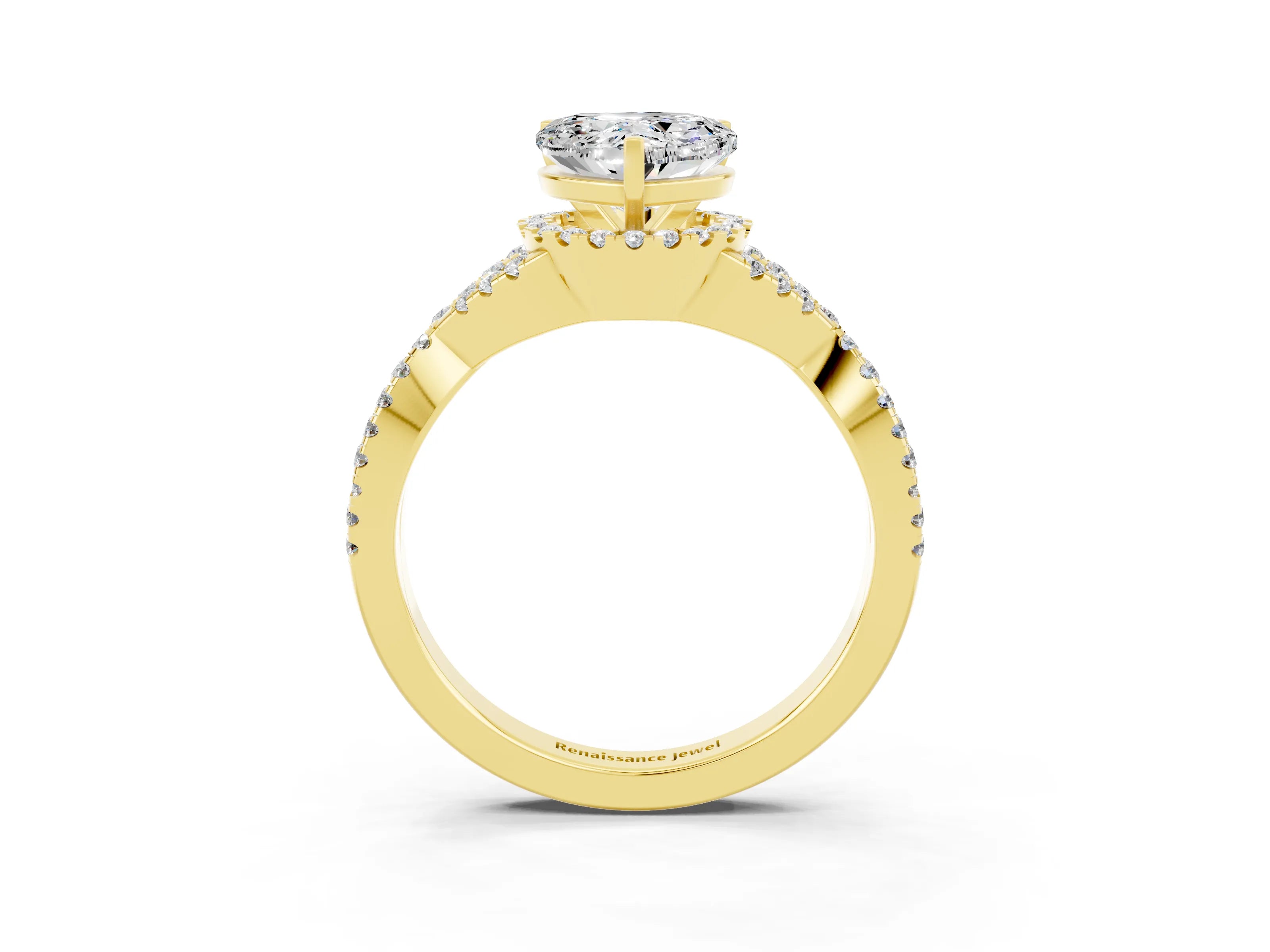 Yellow gold Heart Cut Moissanite Halo Twist Band Solitaire Prong Setting Ring_3