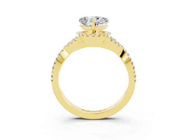 Yellow gold Heart Cut Moissanite  Halo Twist Band Solitaire Prong Setting Ring