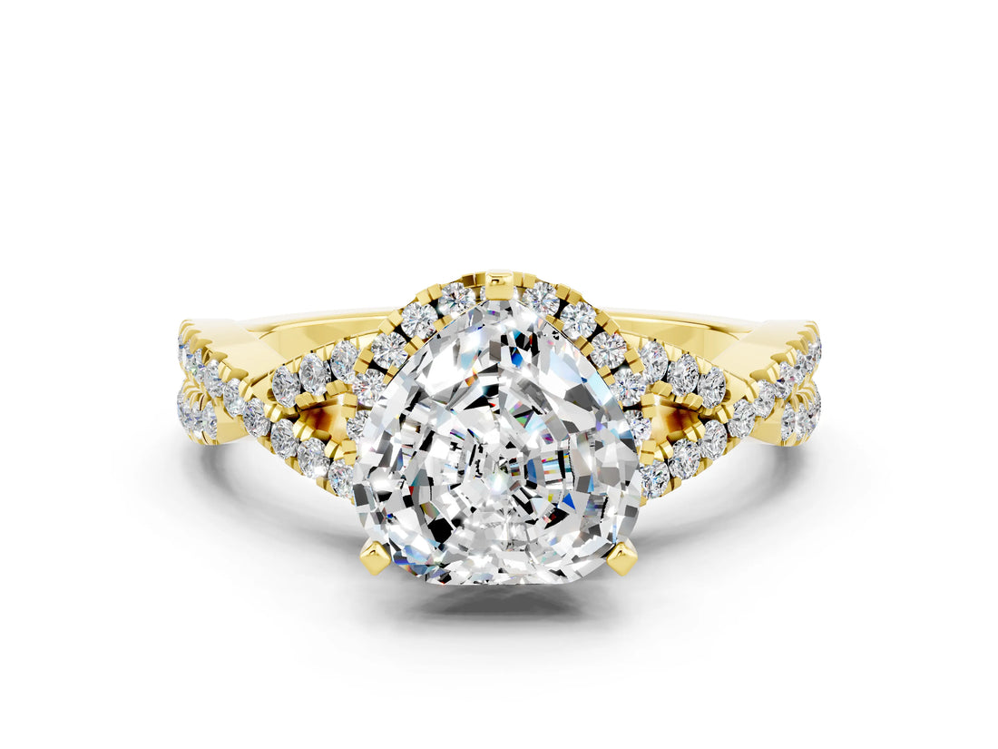 Yellow gold Heart Cut Moissanite  Halo Twist Band Solitaire Prong Setting Ring_42