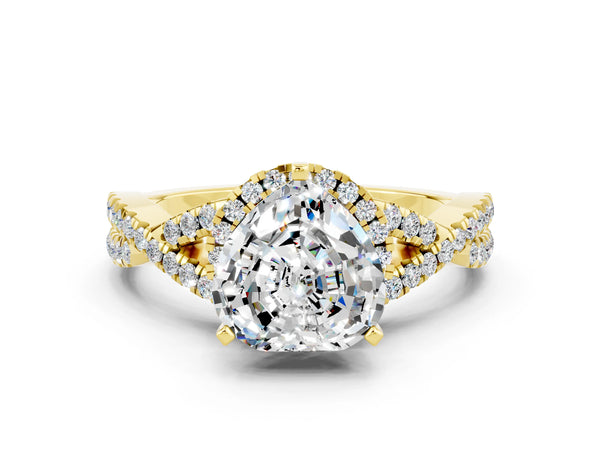 Yellow gold Heart Cut Moissanite  Halo Twist Band Solitaire Prong Setting Ring