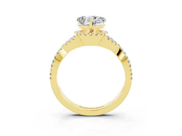 Yellow gold Heart Cut Moissanite  Halo Twist Band Solitaire Prong Setting Ring