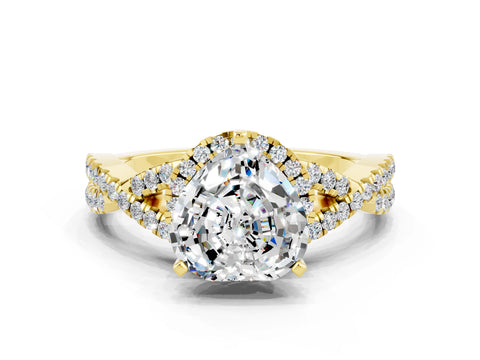 Yellow gold Heart Cut Moissanite Halo Twist Band Solitaire Prong Setting Ring