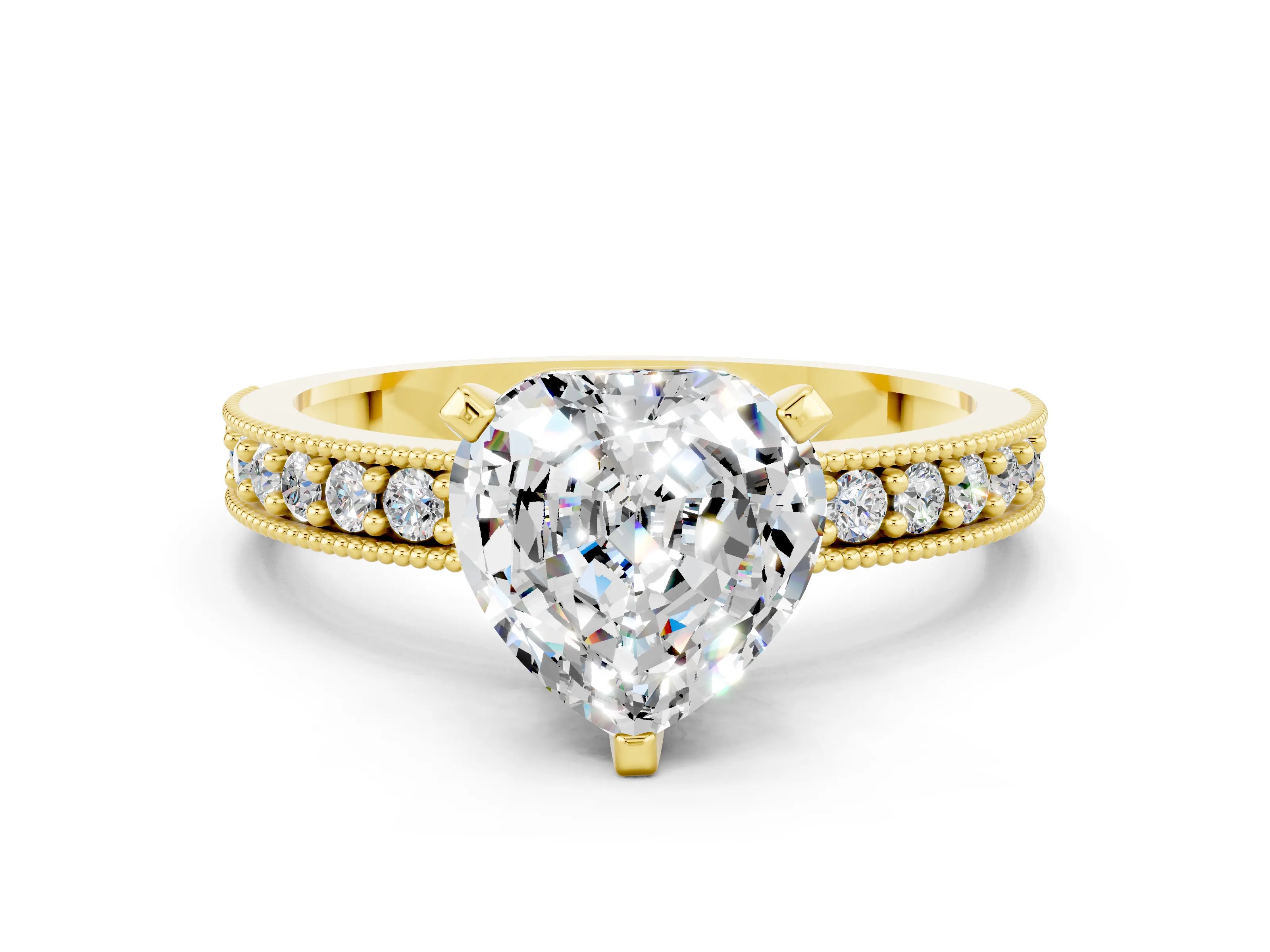 Yellow gold Heart Cut Moissanite Milgrain Pavé Engagement Ring with Four-Prong Setting_12