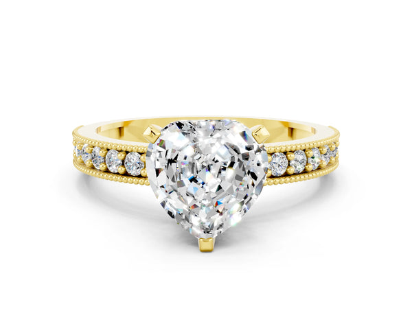 Yellow gold Heart Cut Moissanite Milgrain Pavé Engagement Ring with Four-Prong Setting