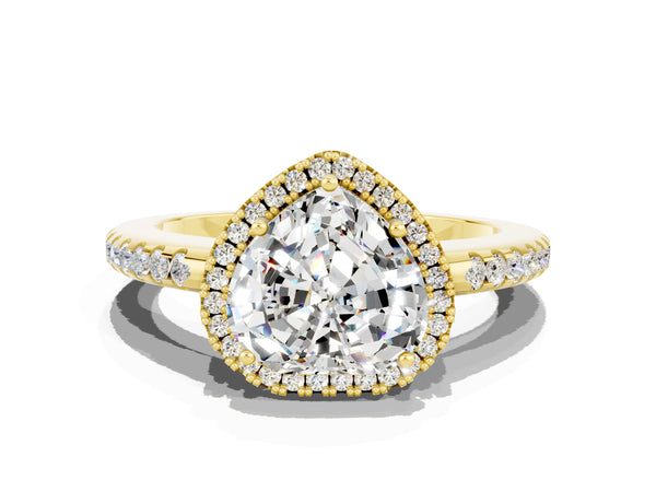 Yellow gold Heart Cut Moissanite Pavé Halo Ring with Four-Prong Setting