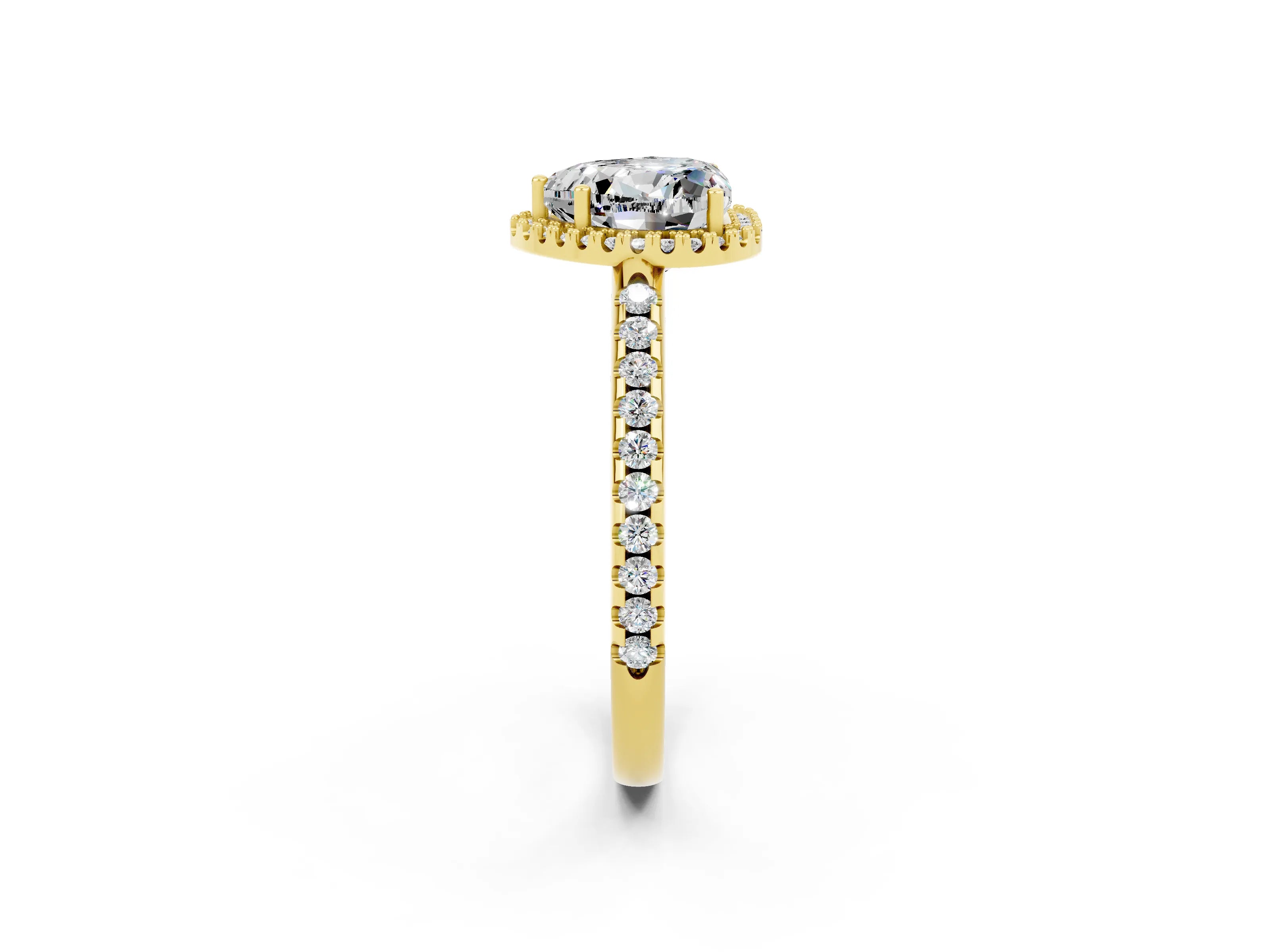 Yellow gold Heart Cut Moissanite Pavé Halo Ring with Four-Prong Setting_14