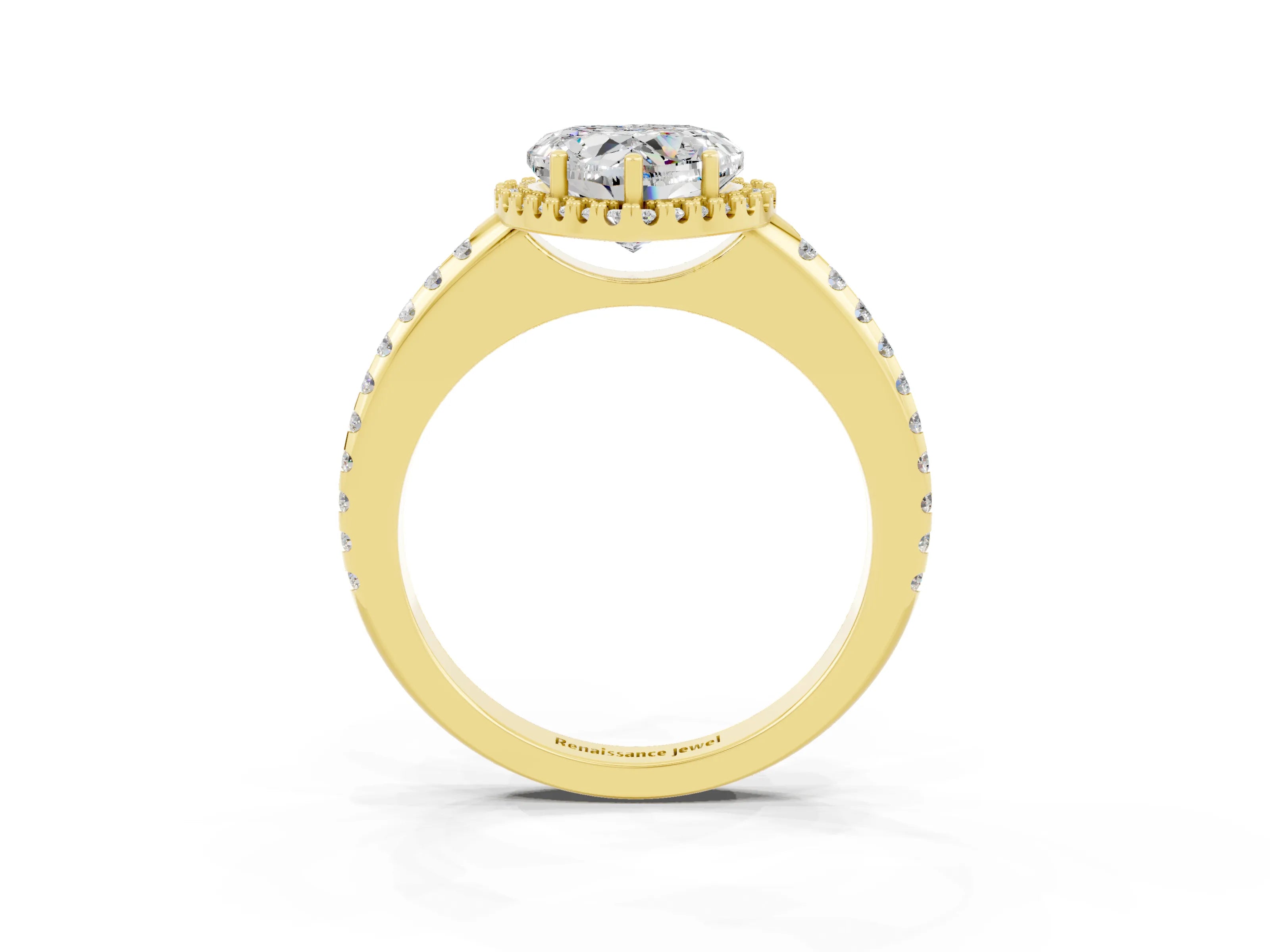 Yellow gold Heart Cut Moissanite Pavé Halo Ring with Four-Prong Setting_15
